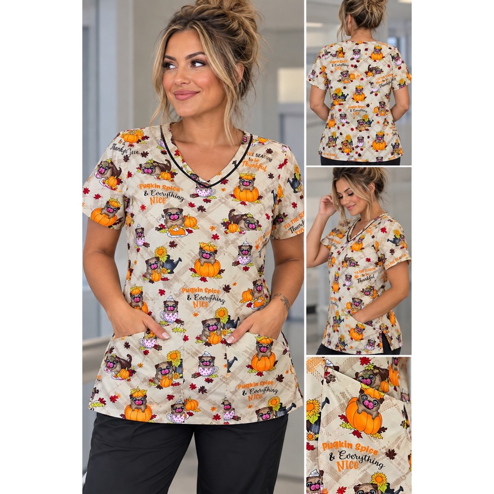 Cherokee Medical Uniforms Pugkin Spice Fall Pug Scrub Top XS New